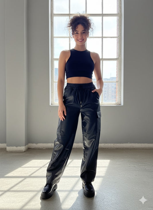 Cargo Παντελόνι Δερματίνη Μαύρο Wide Leg με Τσέπες | C&M