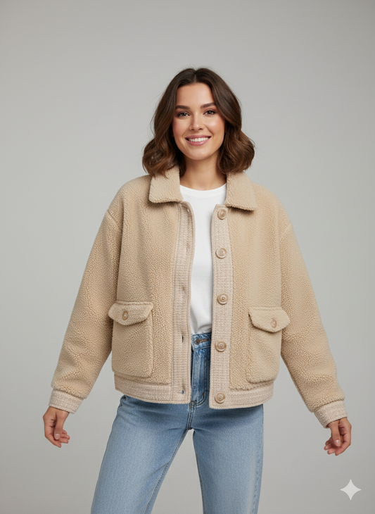 Μπεζ Κρεμ Sherpa Shacket Borg Oversized Cropped Καπιτονέ Size S | C&M