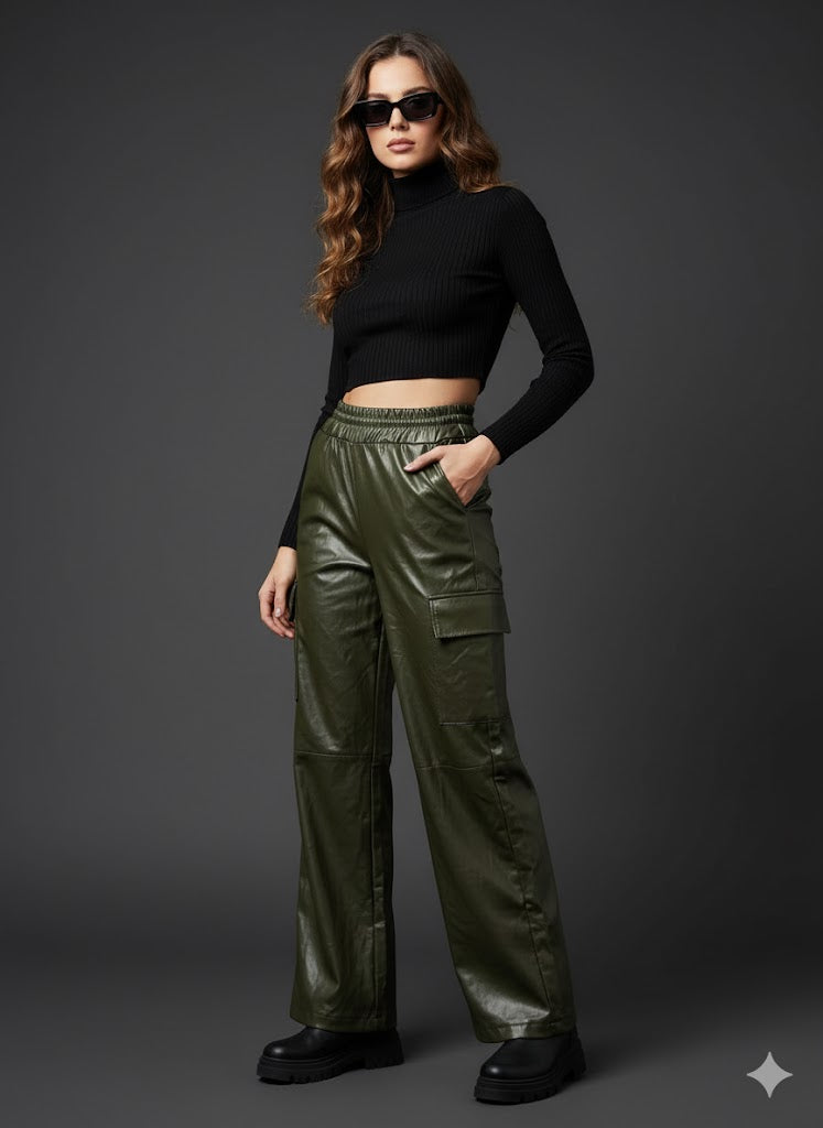 Cargo Παντελόνι Δερματίνη Λαδί Wide Leg με Τσέπες | C&M