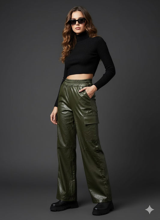 Cargo Παντελόνι Δερματίνη Λαδί Wide Leg με Τσέπες | C&M