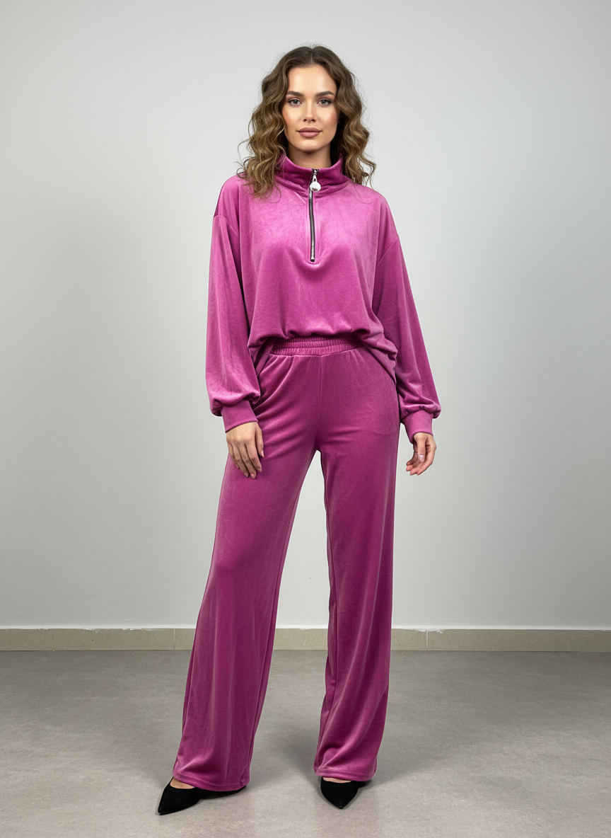 Πλήρης εμφάνιση βελούδινου φούξια σετ - oversized φούτερ με quarter-zip και wide leg παντελόνι