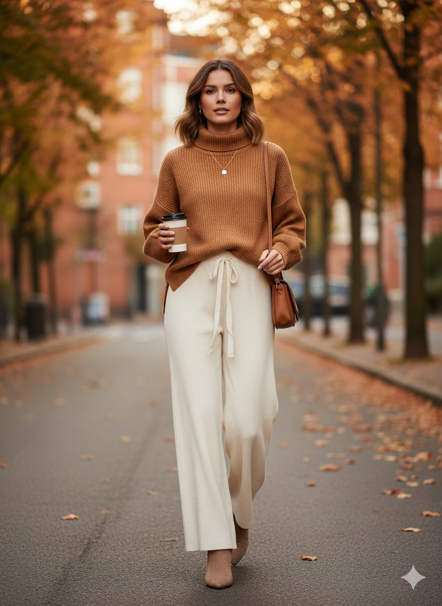 Πλεκτό Παντελόνι Εκρού Wide Leg με Κορδόνι Loungewear | C&M