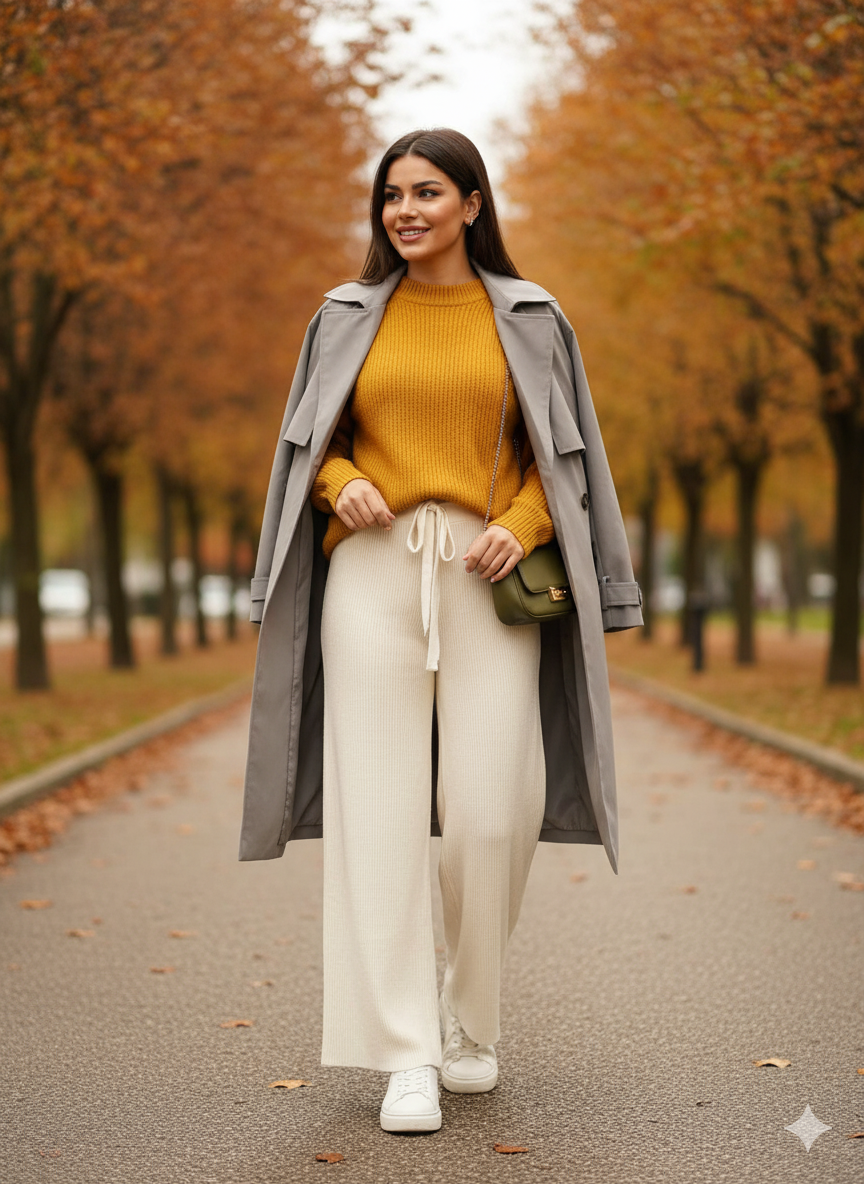 Πλεκτό Παντελόνι Εκρού Wide Leg με Κορδόνι Loungewear | C&M