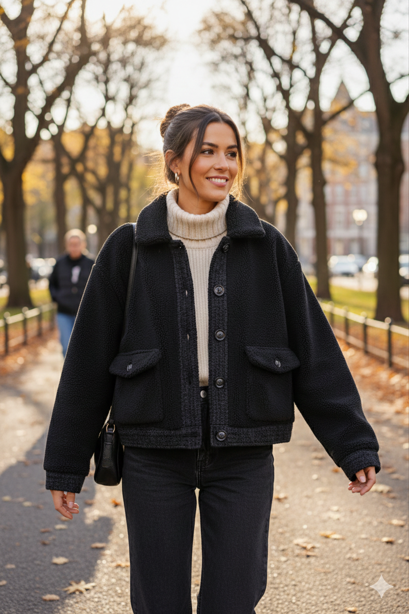 Μαύρο Sherpa Shacket Borg Oversized Cropped Καπιτονέ Size S | C&M