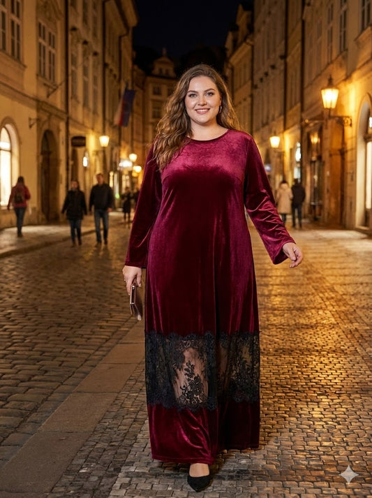 Μπορντό Βελούδινο Plus Size Maxi Φόρεμα Δαντέλα Gothic Chic | C&M