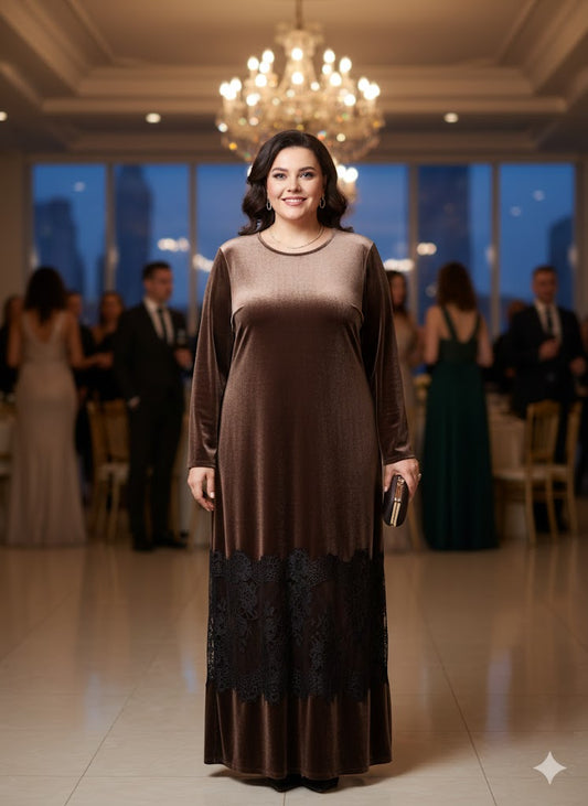 Καφέ Σοκολά Βελούδινο Plus Size Maxi Φόρεμα Δαντέλα Gothic Chic | C&M