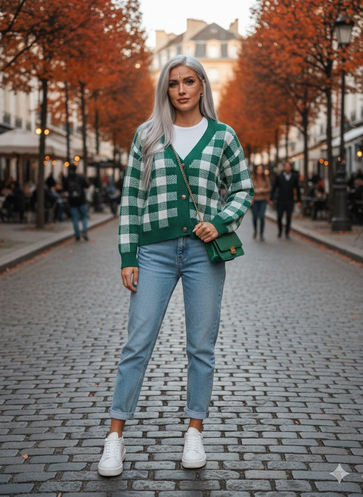 Πλεκτή Ζακέτα Καρό Πράσινη Λευκή V-Neck Cropped | C&M