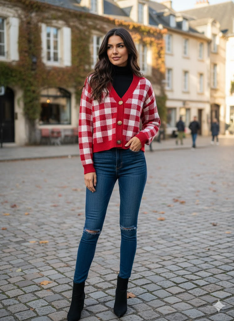 Πλεκτή Ζακέτα Καρό Κόκκινη-Λευκή με V Λαιμόκοψη | C&M