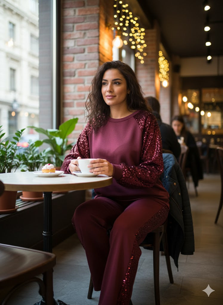 Μπορντό Σετ Φόρμας με Παγιέτες Casual Chic Loungewear | C&M