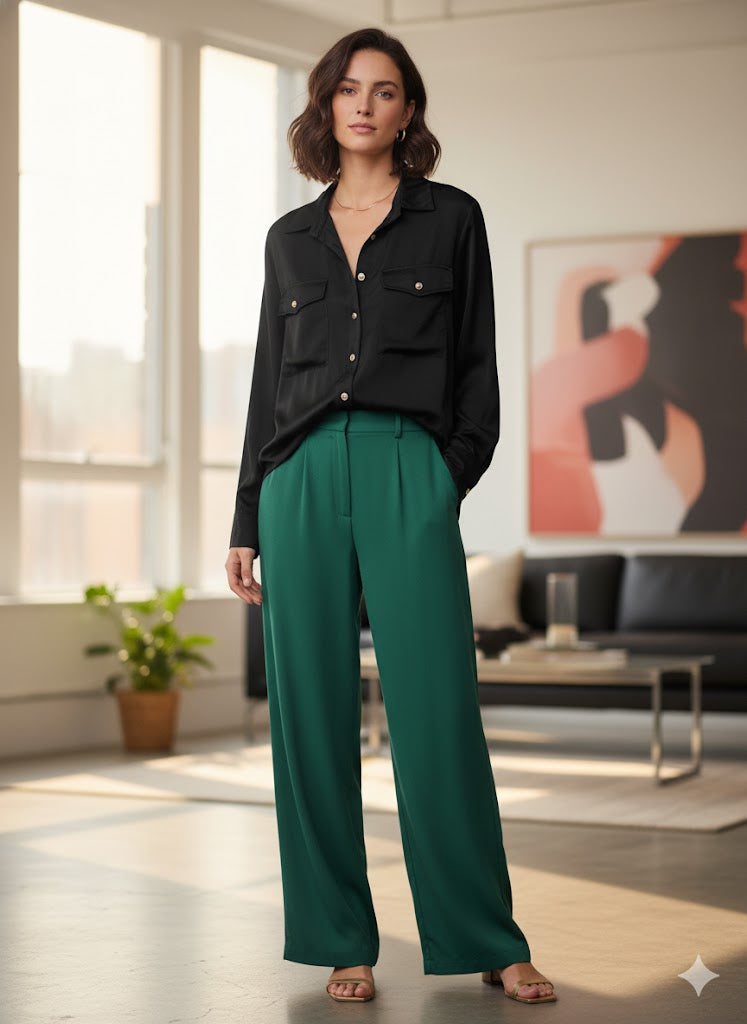 Μαύρο Σατέν Πουκάμισο με Χρυσά Κουμπιά Casual Chic | C&M