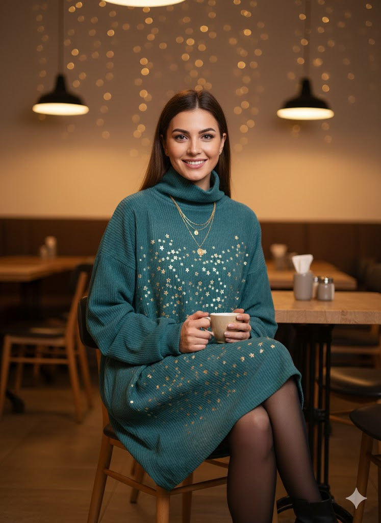 Πετρόλ Φόρεμα Κοτλέ με Χρυσά Αστέρια Ζιβάγκο Χειμερινό | C&M