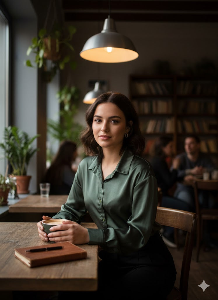 Σκούρο Πράσινο Σατέν Πουκάμισο Χακί Cropped Boxier | C&M