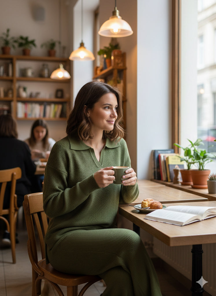 Πράσινο Πλεκτό Σετ Loungewear Polo Collar Wide Leg Ριπ | C&M