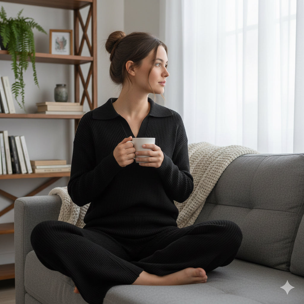 Μαύρο Πλεκτό Σετ Loungewear Polo Collar Wide Leg Ριπ | C&M