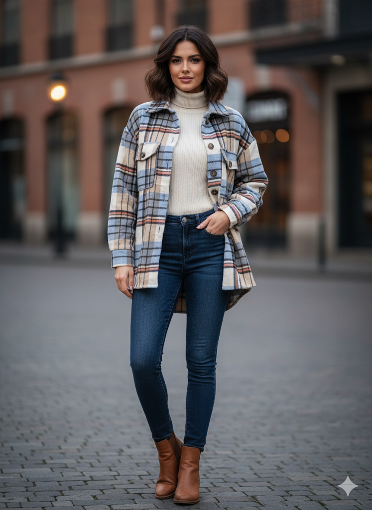 Γυναικεία μάλλινη ζακέτα oversized ταρτάν σε στυλιστική φωτογραφία για χειμερινό look