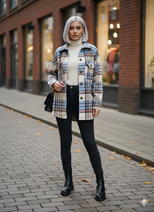 Χειμερινή μάλλινη ζακέτα ταρτάν με λεπτομέρεια καρό σχεδίου και υφής shacket