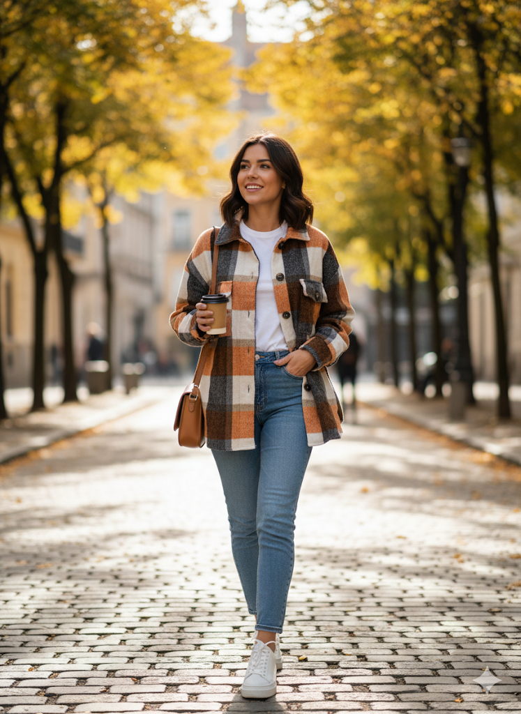 Κοντινό πλάνο των τσεπών με καπάκι του γυναικείου shacket, φαίνονται τα κουμπιά και η χνουδωτή υφή του υφάσματος