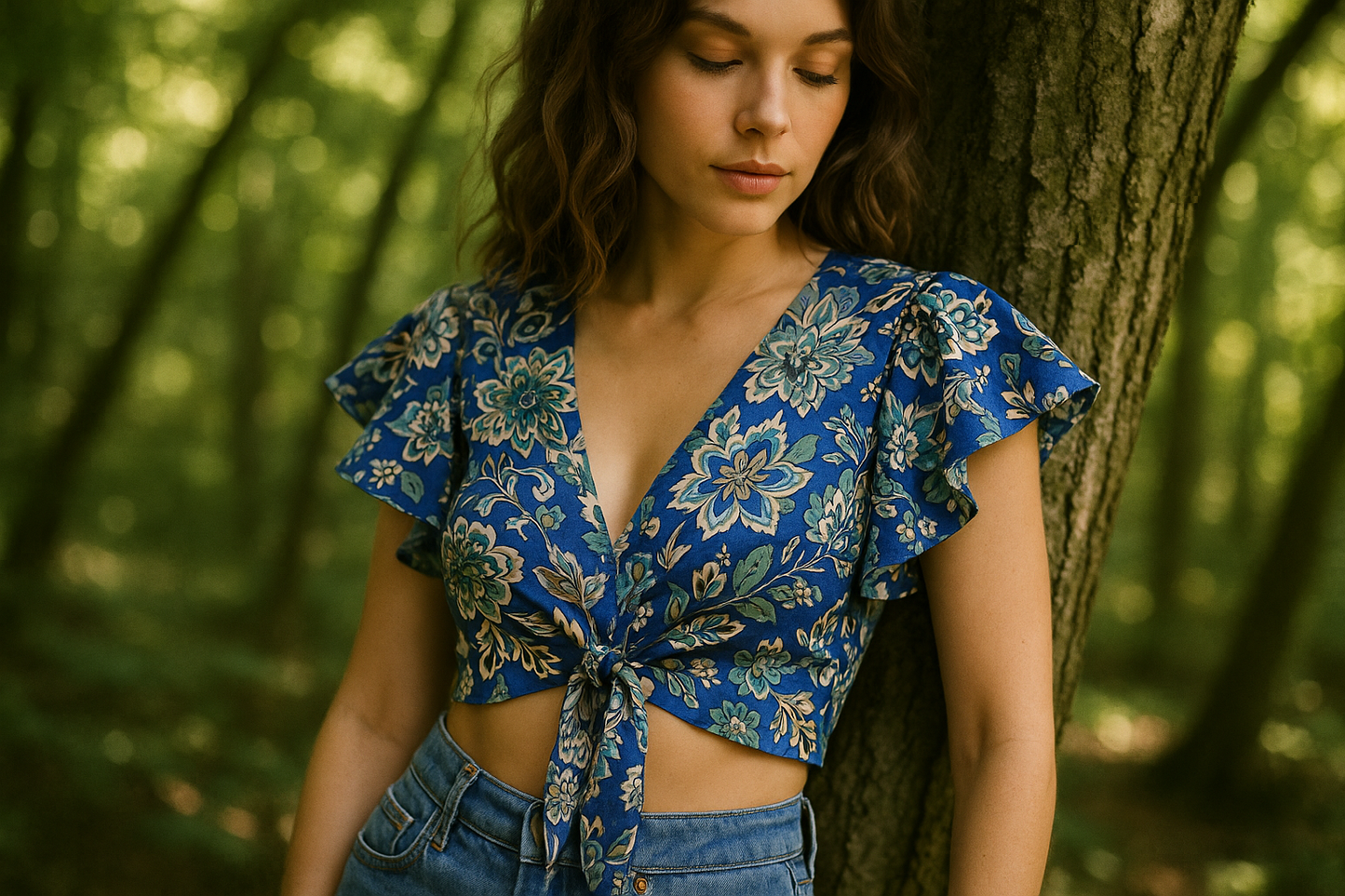 Εντυπωσιακό Boho Crop Top με Floral Μοτίβα - Μπλε Βολάν | C&M