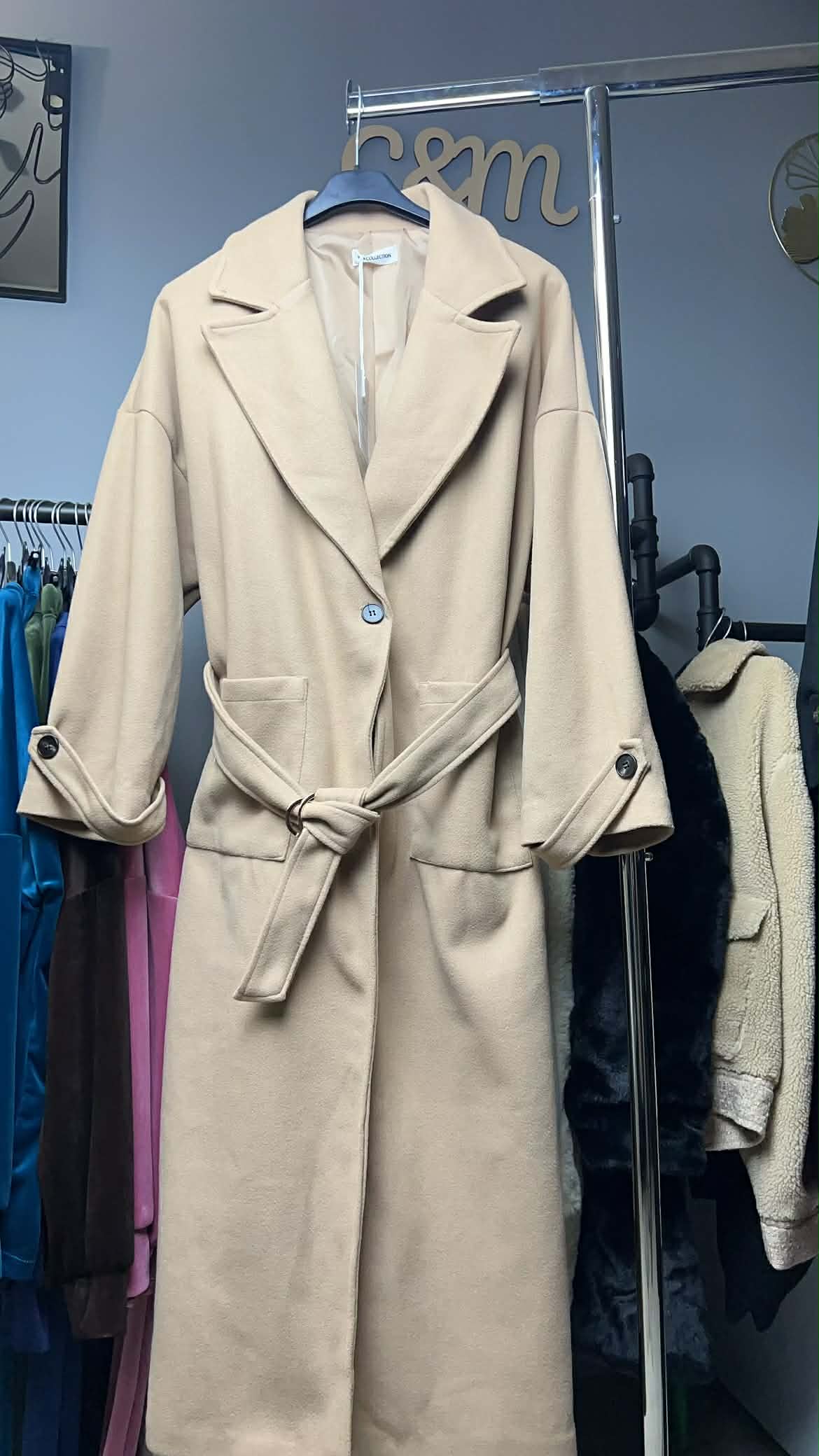 Μπεζ Nude Μακρύ Παλτό Ζώνη Oversize Lapels Plus Size | C&M