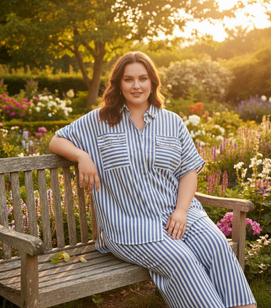 Μοντέλο plus size με ριγέ πουκάμισο και διακοσμητικές μεταλλικές λεπτομέρειες σε υπαίθριο περιβάλλον - Εικόνα 2