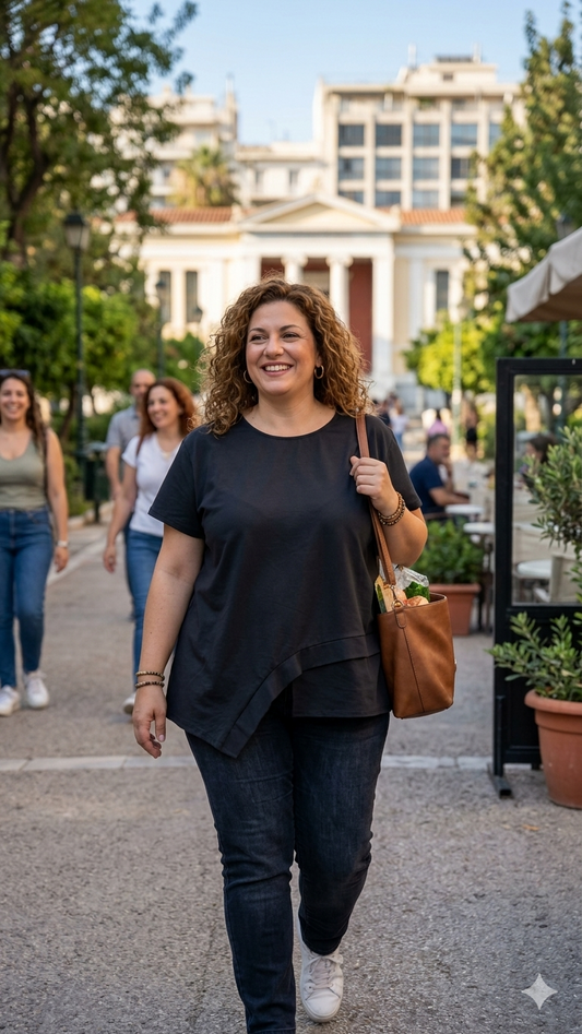 Γυναίκα με στυλ περπατάει σε κεντρικό δρόμο της Αθήνας φορώντας μαύρη ασύμμετρα κομμένη μπλούζα και κρατώντας καφέ δερμάτινη τσάντα.