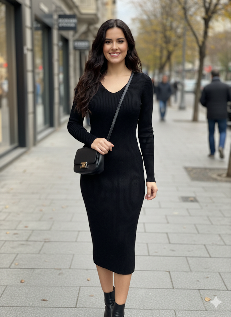 Πλεκτό Φόρεμα Μαύρο Μίντι με V Λαιμόκοψη | C&M