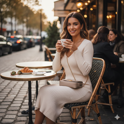 Πλεκτό Φόρεμα Κρεμ Μίντι με V Λαιμόκοψη | C&M