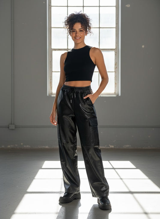 Cargo Παντελόνι Δερματίνη Μαύρο Wide Leg με Τσέπες | C&M