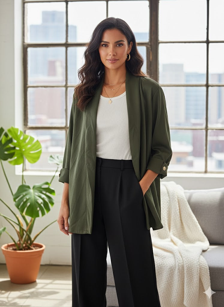 Γυναικεία Σατέν Ζακέτα Oversized Χακί Μακριά | C&M