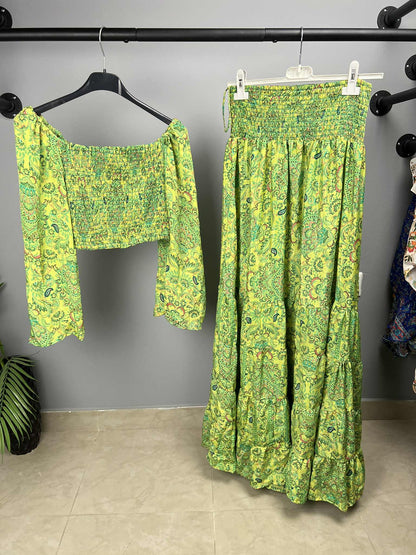 ΤΕΛΕΙΟ ΠΡΑΣΙΝΟ BOHO SET CROP TOP & MAXI ΦΟΥΣΤΑ | C&M