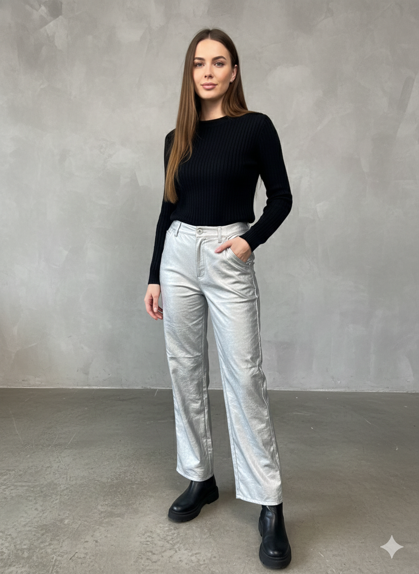 Ασημί Μεταλλικό Παντελόνι Straight Leg Ελαστική Μέση Statement | C&M