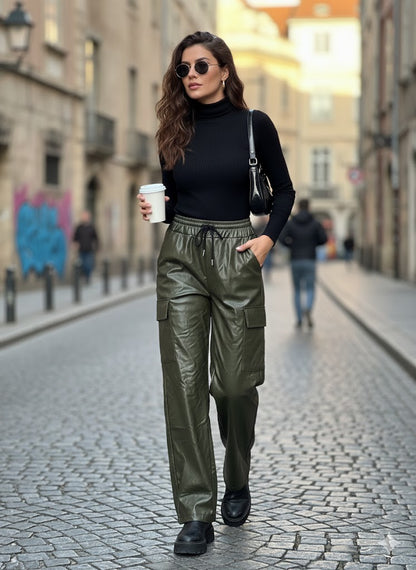 Cargo Παντελόνι Δερματίνη Λαδί Wide Leg με Τσέπες | C&M