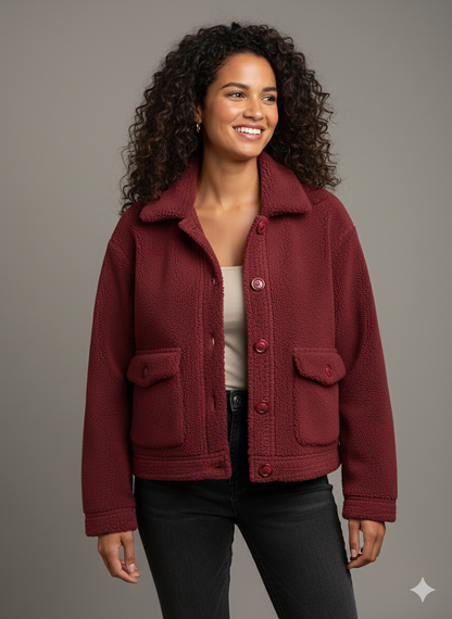 Μπορντό Μπουκλέ Jacket Borg Sherpa Oversized Cropped Size S | C&M