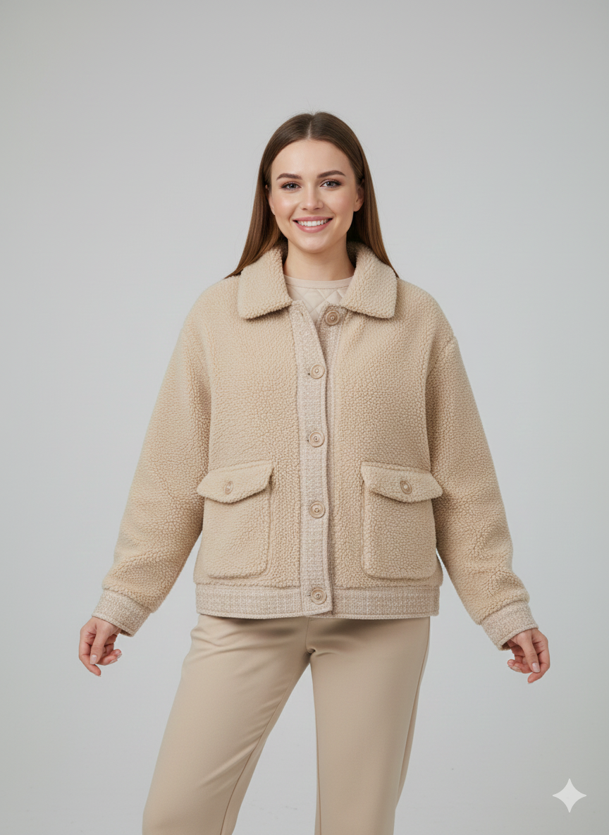 Μπεζ Κρεμ Sherpa Shacket Borg Oversized Cropped Καπιτονέ Size S | C&M