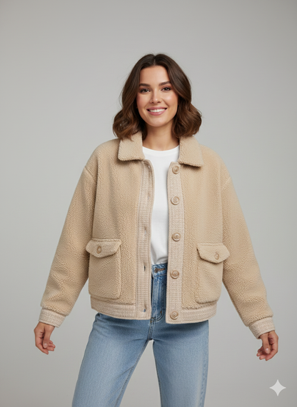 Μπεζ Κρεμ Sherpa Shacket Borg Oversized Cropped Καπιτονέ Size S | C&M