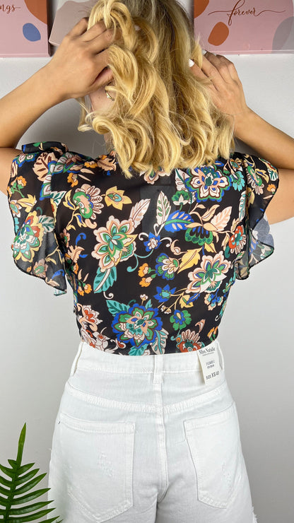 Καλοκαιρινό BOHO Φλοράλ Τοπ με Δέσιμο Βάση Μάυρη | C&M