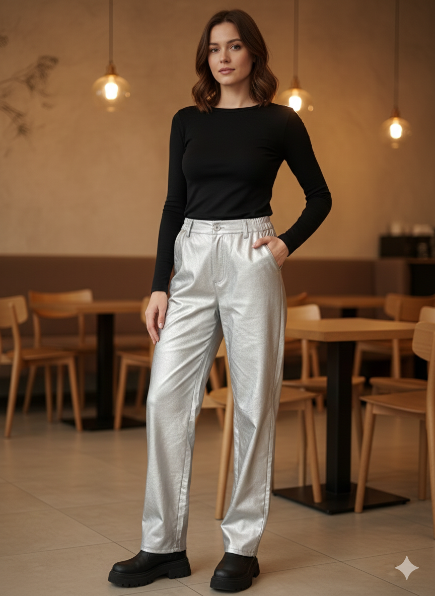 Ασημί Μεταλλικό Παντελόνι Straight Leg Ελαστική Μέση Statement | C&M