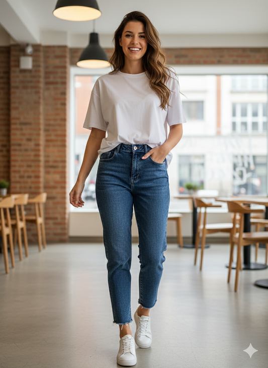 Μπλε Τζιν Παντελόνι Mom Fit Ψηλόμεσο Raw-Cut Cropped | C&M