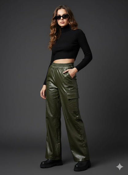 Cargo Παντελόνι Δερματίνη Λαδί Wide Leg με Τσέπες | C&M