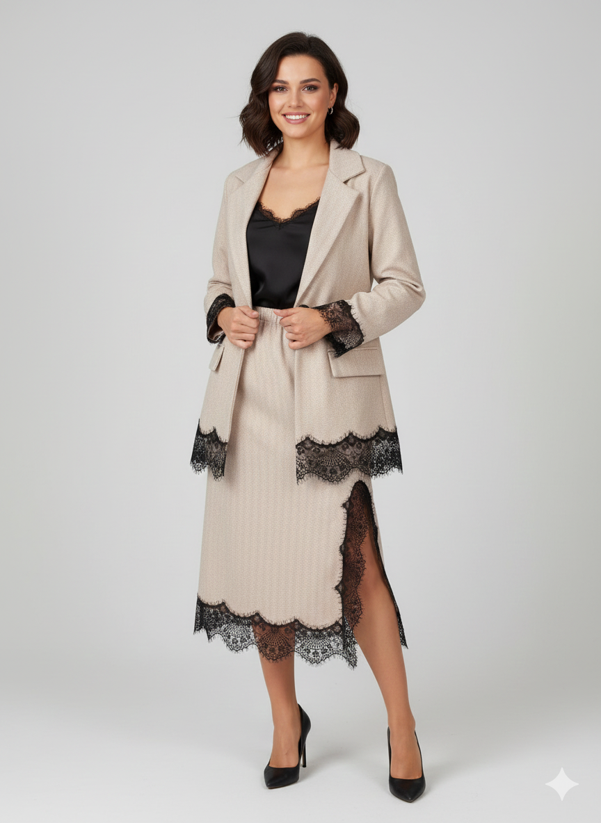 Μπεζ Σετ Blazer Φούστα Ψαροκόκαλο Herringbone Δαντέλα Eyelash | C&M