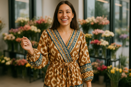 Μοντέλο σε ανθοπωλείο με λάστιχα καρπού