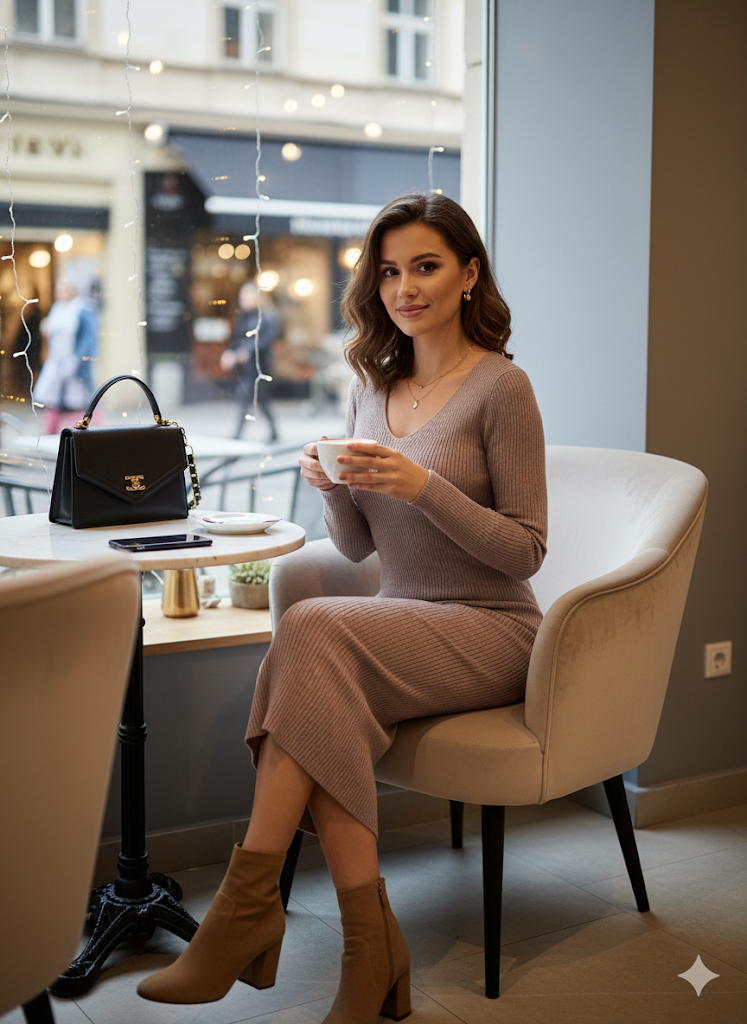 Πλεκτό Φόρεμα Γήινο Μπεζ Ροζ Μίντι με V Λαιμόκοψη | C&M