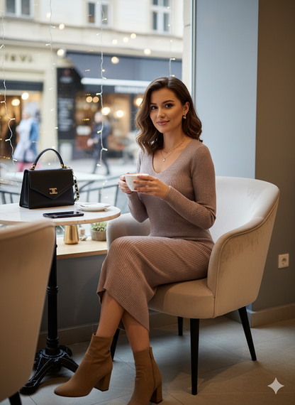 Πλεκτό Φόρεμα Γήινο Μπεζ Ροζ Μίντι με V Λαιμόκοψη | C&M