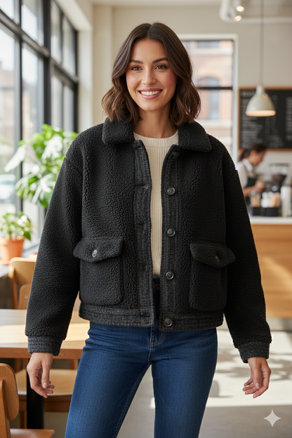 Μαύρο Sherpa Shacket Borg Oversized Cropped Καπιτονέ Size S | C&M