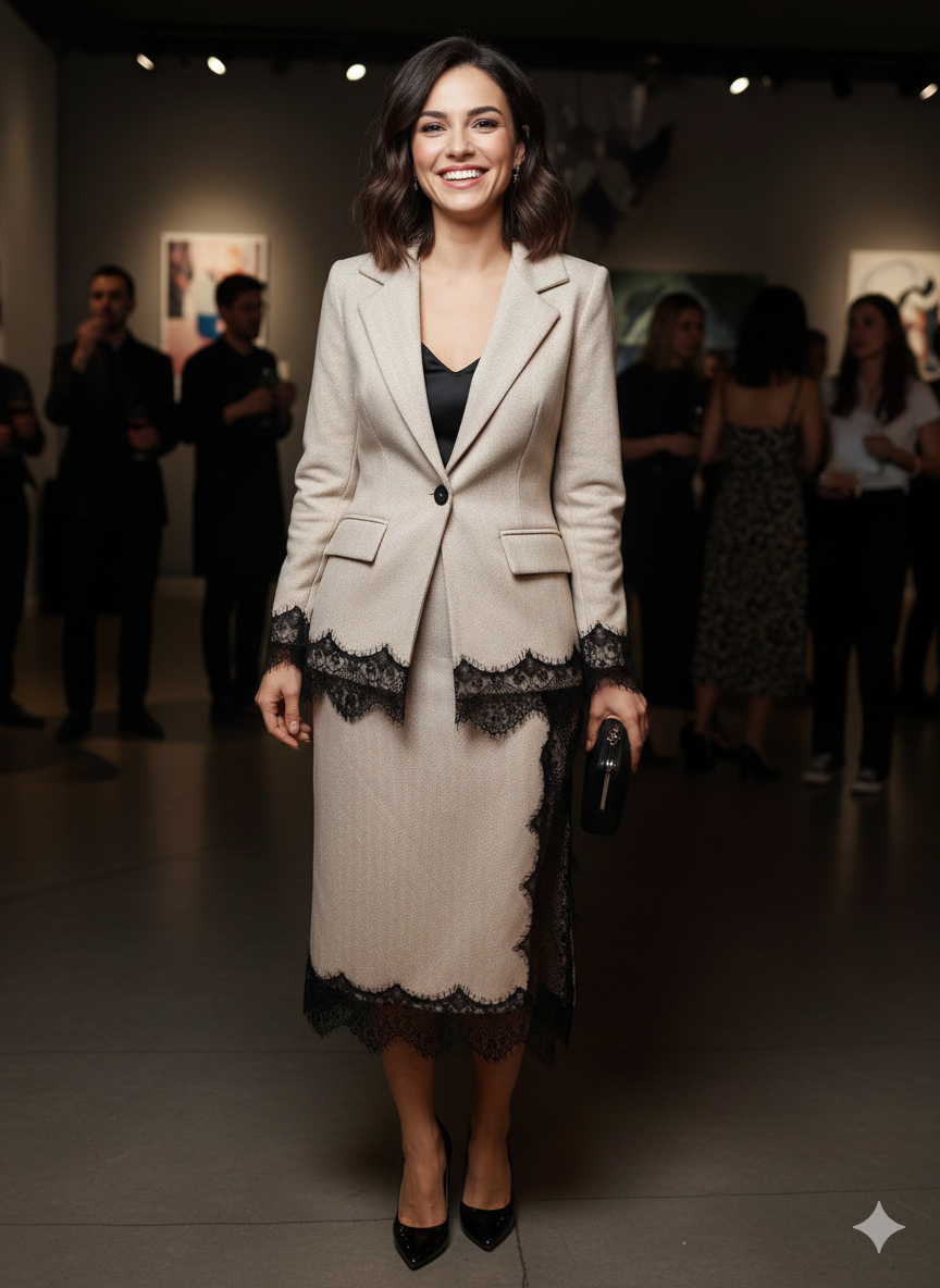 Μπεζ Σετ Blazer Φούστα Ψαροκόκαλο Herringbone Δαντέλα Eyelash | C&M