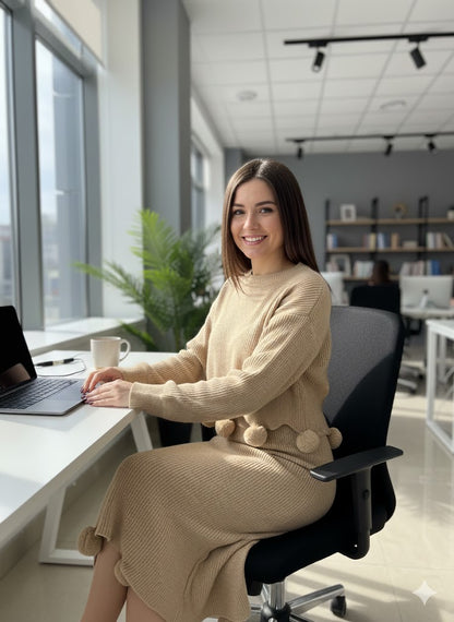 Μπεζ Πλεκτό Σετ με Πομ-Πομ Cropped Πουλόβερ Midi Φούστα | C&M