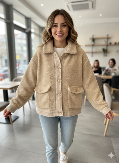 Μπεζ Κρεμ Sherpa Shacket Borg Oversized Cropped Καπιτονέ Size S | C&M