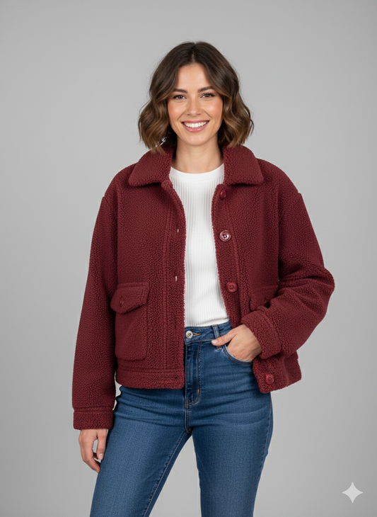 Μπορντό Μπουκλέ Jacket Borg Sherpa Oversized Cropped Size S | C&M