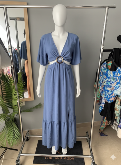 Κομψή καλοκαιρινή εμφάνιση με γαλάζιο μακρύ φόρεμα - cut-out dress με V neck που κολακεύει τη σιλουέτα, 100% πολυεστέρας one size