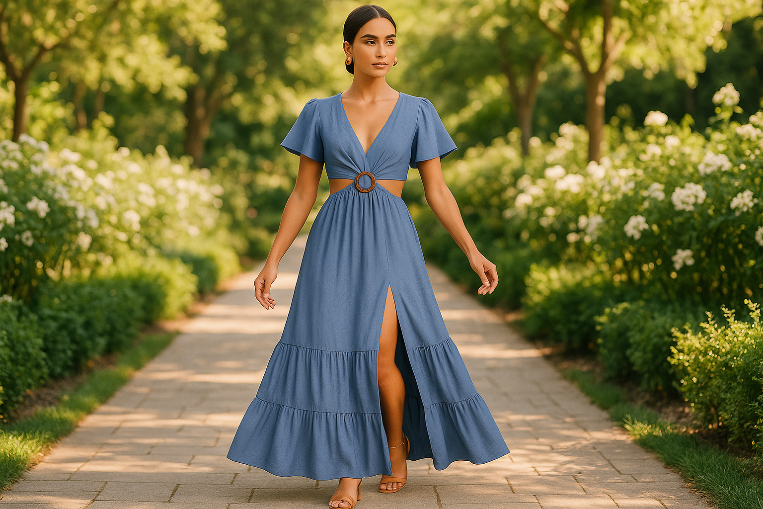 Μπροστινή όψη γαλάζιου μακρύ φορέματος - V neck dress με κοντά μανίκια και εντυπωσιακό cut-out design για καλοκαιρινές εξόδους